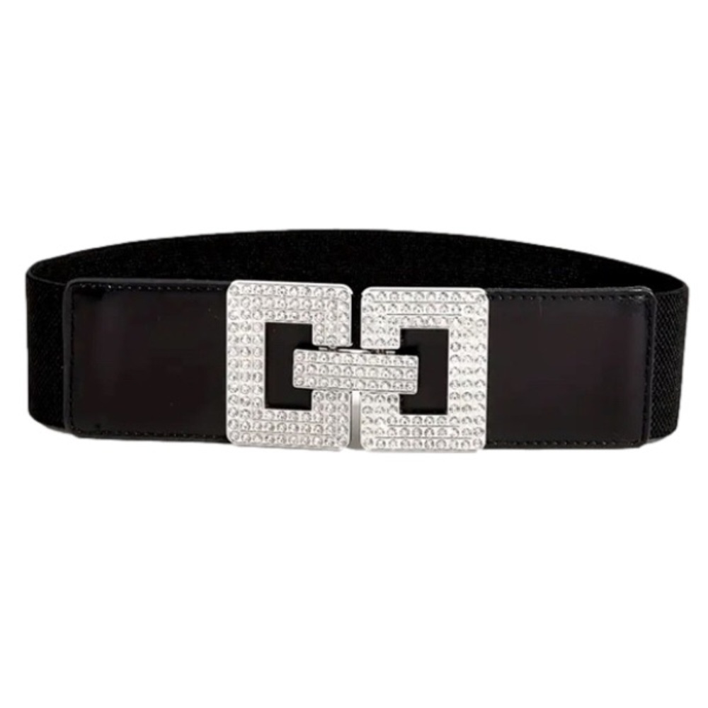 01- silver Rhinestone Chrystal waistband elastic belt, wide silver hardware.